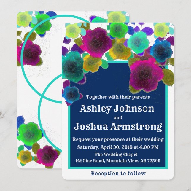 simple floral cascade contemporary wedding invitation (Front/Back)