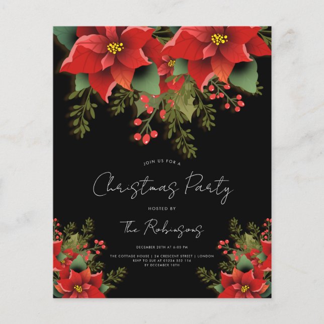 Simple Floral Christmas Holiday Black Invite Menu (Front)