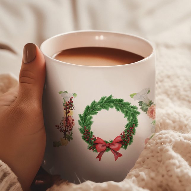 Simple floral Christmas wreath joy fancy script Coffee Mug (Creator Uploaded)
