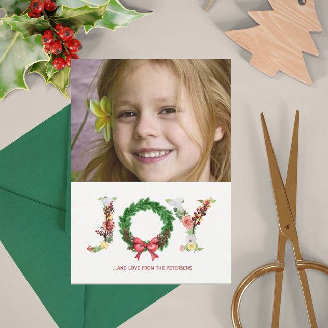 Simple floral Christmas wreath joy script photo Holiday Card (Creator Uploaded)