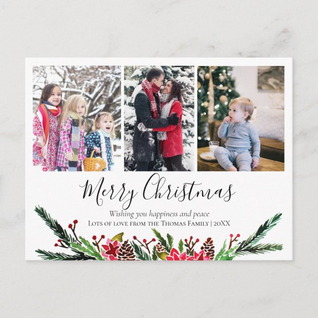 Simple Floral Christmas Wreath Photo Collage Holiday Postcard (Front)