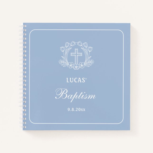 Simple Floral Cross on Blue Baptism Guest Book (Front)