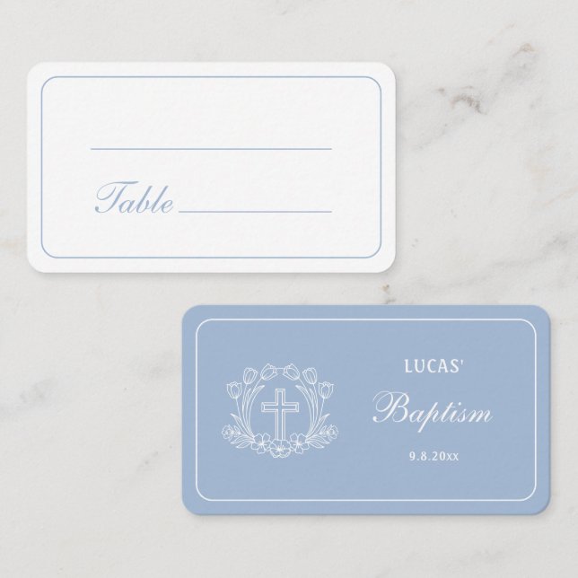 Simple Floral Cross on Light Blue Baptism Place Card (Front/Back)