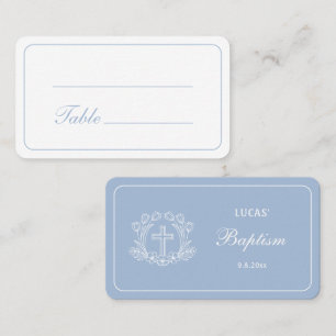 Simple Floral Cross on Light Blue Baptism Place Card