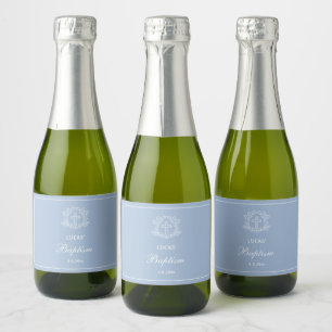 Simple Floral Cross on Light Blue Baptism Sparkling Wine Label
