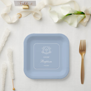 Simple Floral Cross on Light Blue Baptism Square Paper Plate