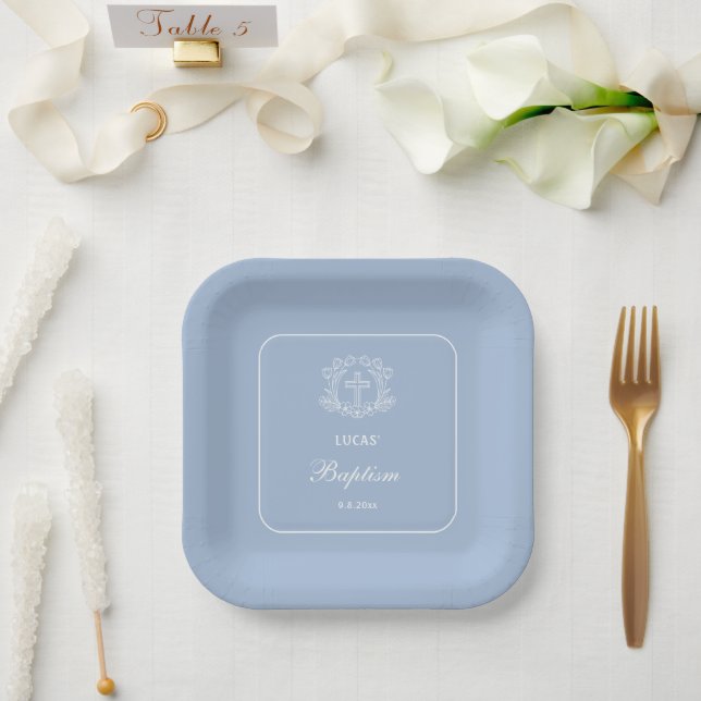Simple Floral Cross on Light Blue Baptism Square Paper Plate (Wedding)