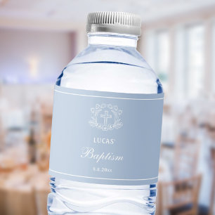 Simple Floral Cross on Light Blue Baptism Water Bottle Label