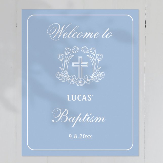 Simple Floral Cross on Light Blue Baptism Welcome Poster (Creator Uploaded)