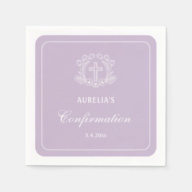 Simple Floral Cross on Lilac Confirmation Napkin (Front)
