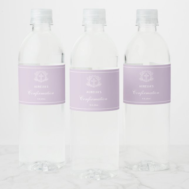 Simple Floral Cross on Lilac Confirmation Water Bottle Label (Bottles)