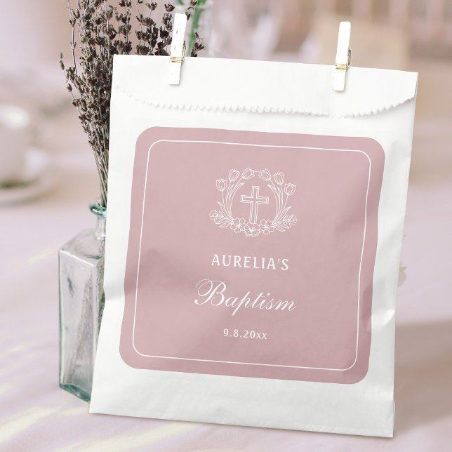 Simple Floral Cross on Pink Baptism Favour Bag (Creator Uploaded)