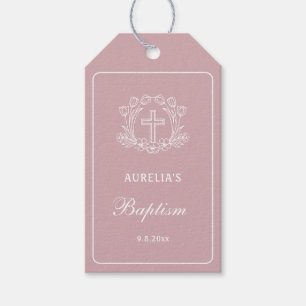 Simple Floral Cross on Pink Baptism Gift Tags