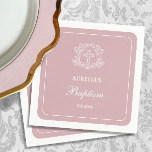 Simple Floral Cross on Pink Baptism Napkin