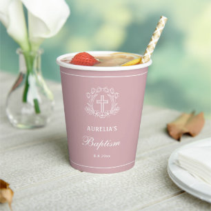 Simple Floral Cross on Pink Baptism Paper Cups