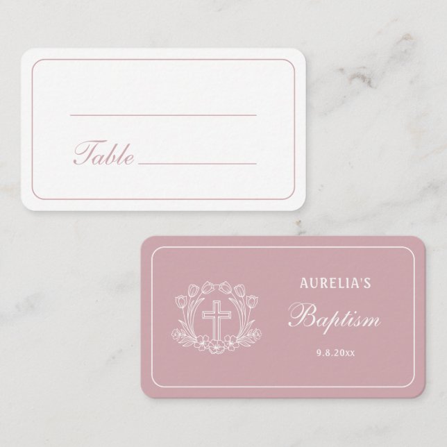 Simple Floral Cross on Pink Baptism Place Card (Front/Back)