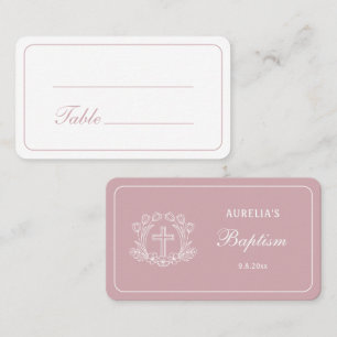 Simple Floral Cross on Pink Baptism Place Card