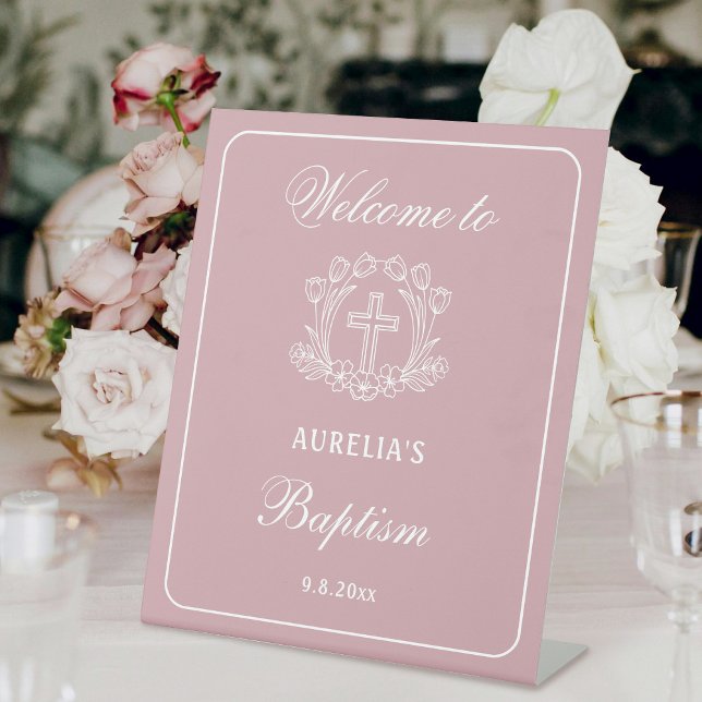 Simple Floral Cross on Pink Baptism Welcome Pedestal Sign (Creator Uploaded)