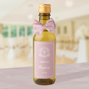 Simple Floral Cross on Pink Baptism Wine Label