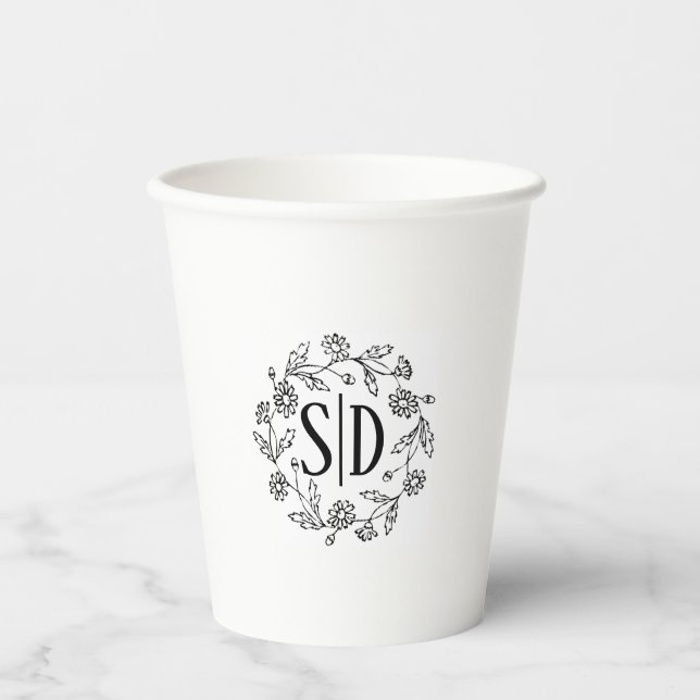 Simple floral daisy outline wedding  paper cups (Front)