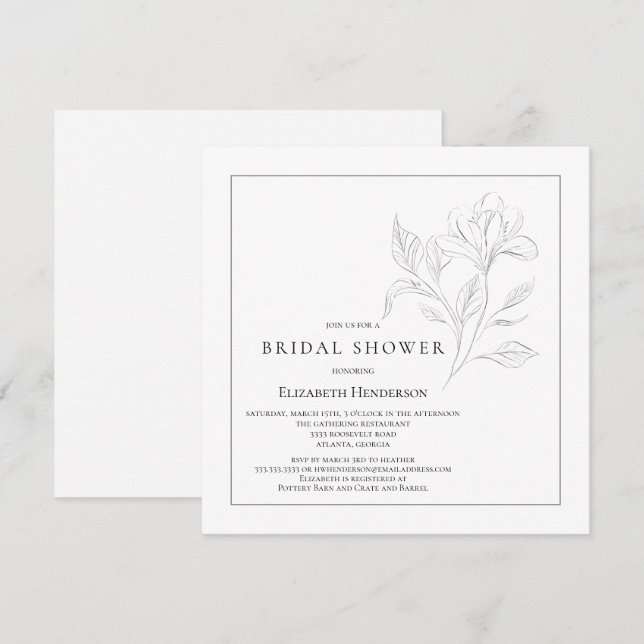 Simple Floral Elegant Black White Bridal Shower Invitation (Front/Back)