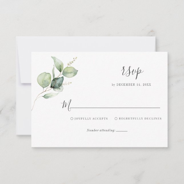 Simple Floral Eucalyptus Greenery Script Wedding RSVP Card (Front)