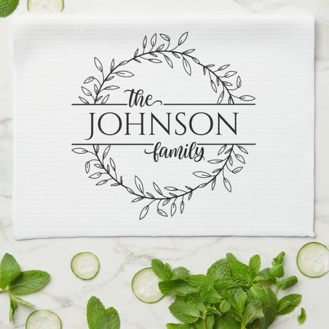 Simple Floral Family Name Monogram Kitchen Towel (Folded)