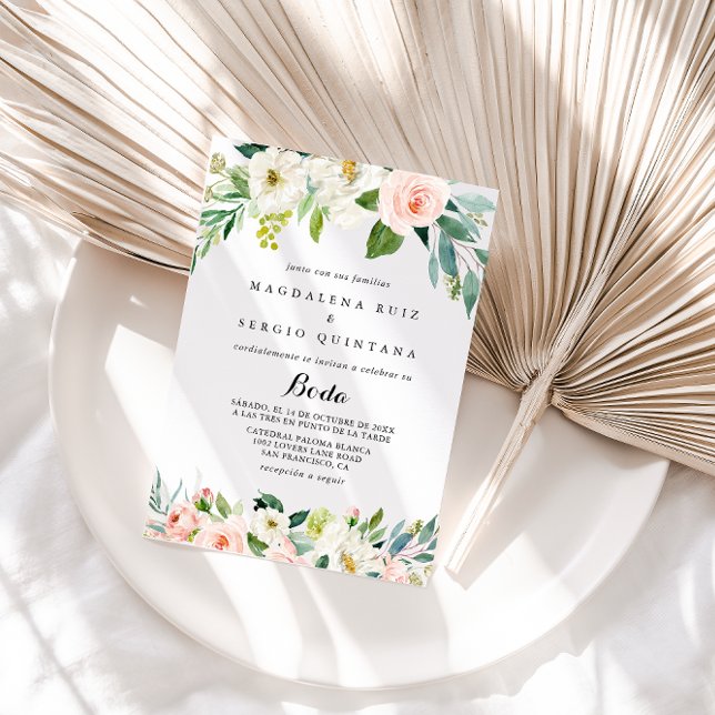 Simple Floral Foliage Calligraphy Spanish Wedding Invitation (Creator Uploaded)