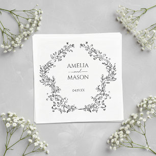 Simple Floral Frame Black and White Paper Wedding Napkin