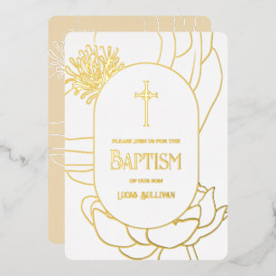 Simple Floral Gold White Baptism Foil Invitation