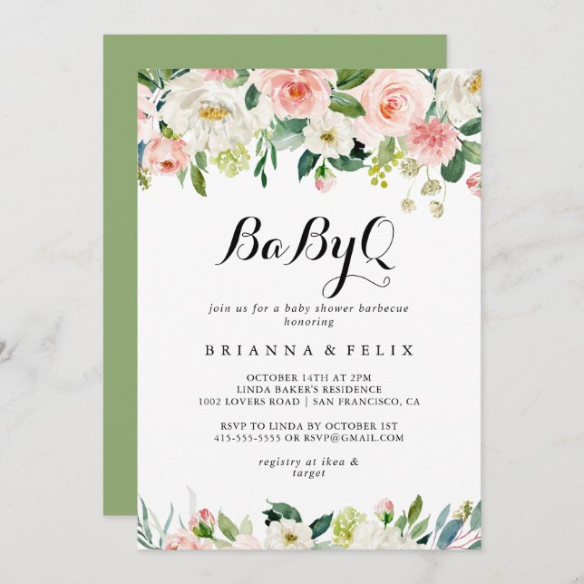Simple Floral Green BabyQ Baby Shower Barbecue Invitation (Front/Back)