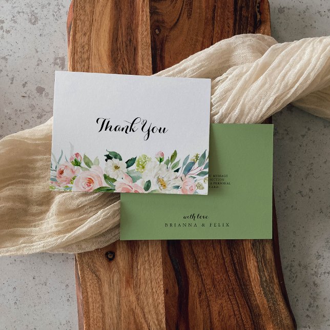 Simple Floral Green Calligraphy Flat Wedding Thank You Card (Creator Uploaded)