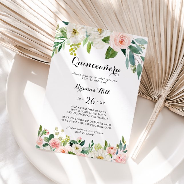 Simple Floral Green Calligraphy Quinceañera Invitation (Creator Uploaded)