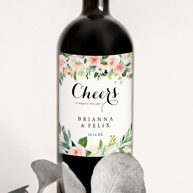 Simple Floral Green Cheers Wedding Wine Labels (Creator Uploaded)