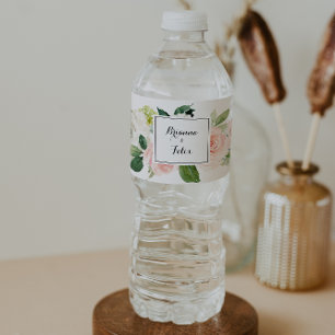 Simple Floral Green Foliage Calligraphy Wedding Water Bottle Label