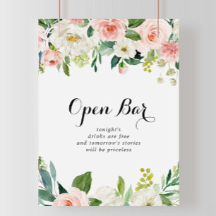 Simple Floral Green Foliage Wedding Open Bar Sign