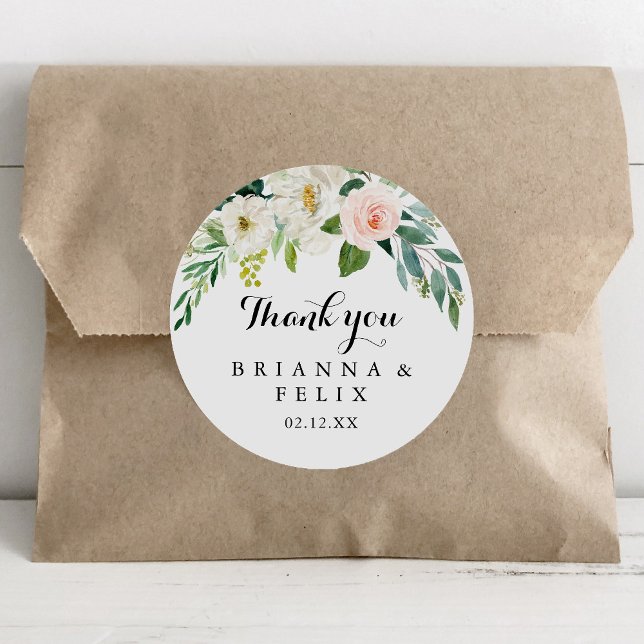 Simple Floral Green Thank You Wedding Favour Classic Round Sticker (Creator Uploaded)