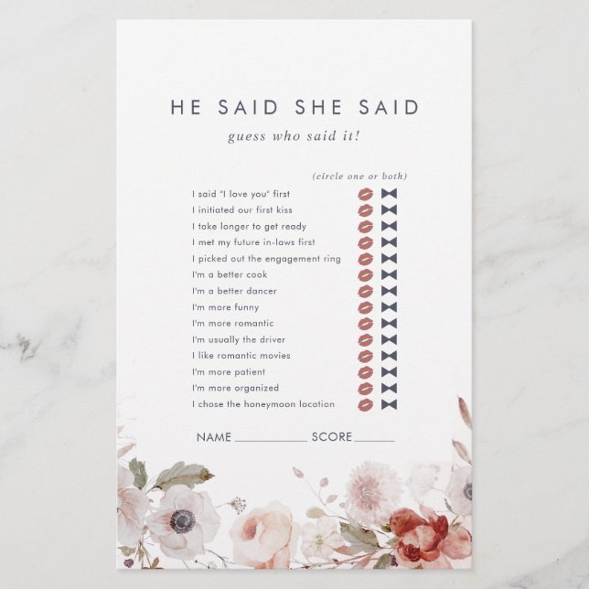 Simple Floral He Said She Said Game Flyer (Front)