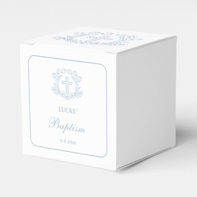 Simple Floral Light Blue Cross Baptism Cube Favour Box (Front Side)