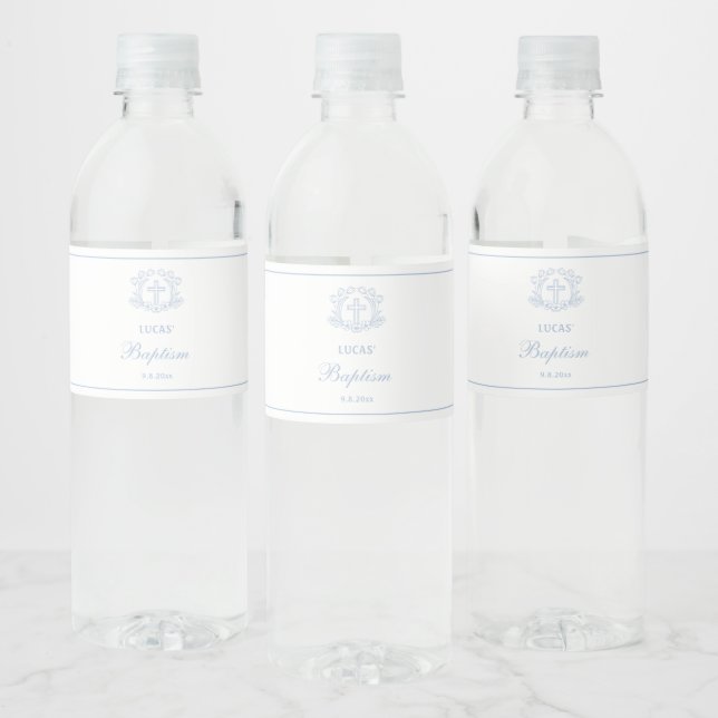 Simple Floral Light Blue Cross Baptism Water Bottle Label (Bottles)