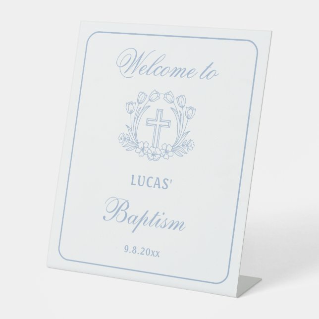 Simple Floral Light Blue Cross Baptism Welcome Pedestal Sign (Front)