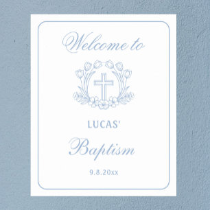 Simple Floral Light Blue Cross Baptism Welcome Poster