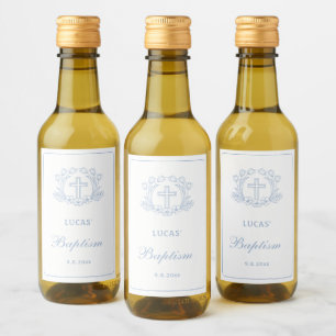 Simple Floral Light Blue Cross Baptism Wine Label