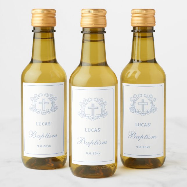Simple Floral Light Blue Cross Baptism Wine Label (Bottles)