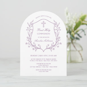 Simple Floral Lilac Crest First Holy Communion Invitation