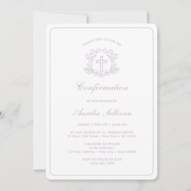 Simple Floral Lilac Cross Confirmation Invitation (Front)