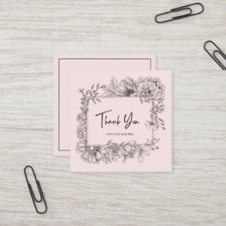 Simple Floral Line Art Grey Pink QRCode Thank You Square Business Card