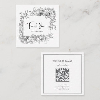Simple Floral Line Art Grey White QRCode Thank You Square Business Card