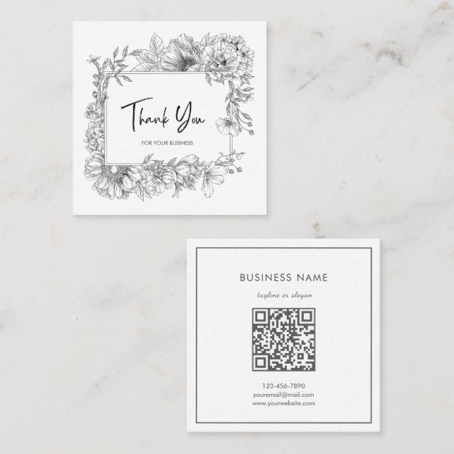 Simple Floral Line Art Grey White QRCode Thank You Square Business Card (Front/Back)