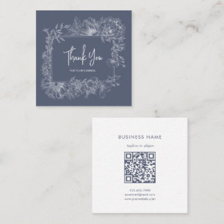 Simple Floral Line Muted Blue QR Code Thank You Square Business Card